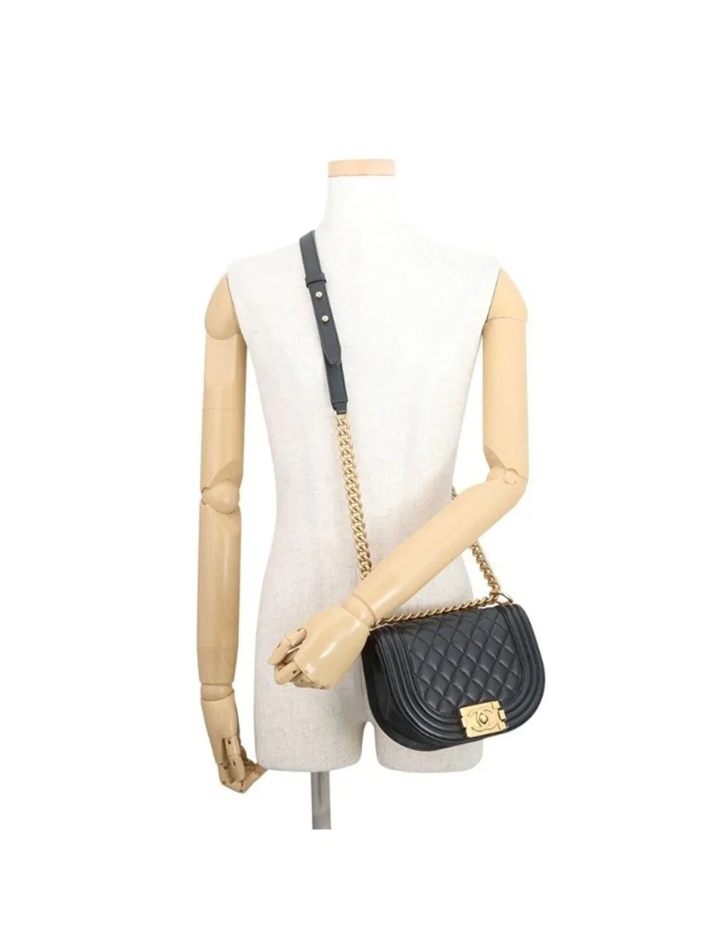 Chanel Chain Shoulder Bag Quilted CC Logo Boy Small Caviar Leather 2-Way Black